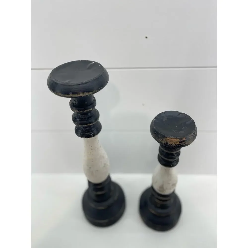 Farmhouse Chunky Wood Candle Holders Black White Distressed Pair Two Home‎ Decor